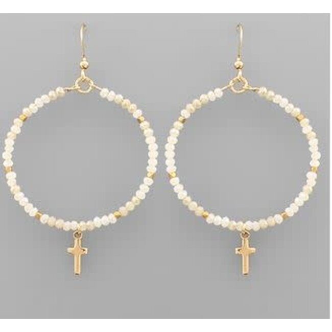 Cross Charm Bead Circle Earrings - Ivory