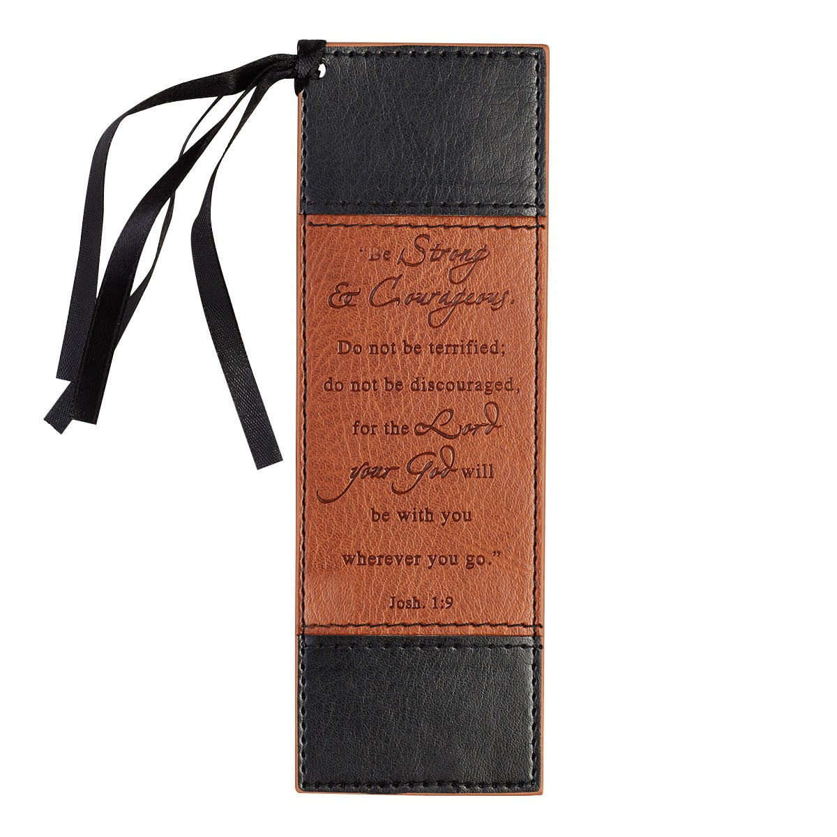 Strong & Courageous Black and Tan Faux Leather Bookmark - Joshua 1:9