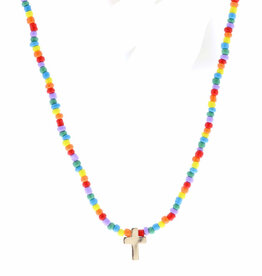 Kids 14" Multi Seed Bead With Cross Necklace, 3" Ext.