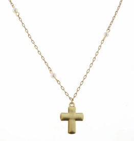 Kids 14" Pearl Station Chain With Gold Cross Necklace, 3" Ext.