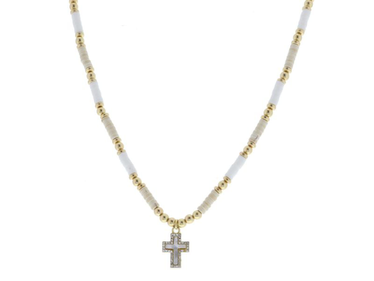 Natural Stone, White Rubber Sequin, Gold Beaded With White Shell And Clear Crystal Cross Necklace