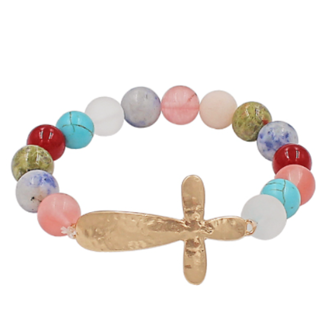 Cross & Natural Stone Bracelet - Multi