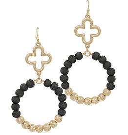 Wood & Satin Ball Beads Earrings - Black