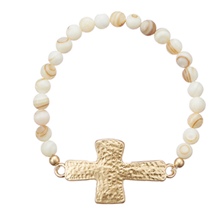 Textured Cross & Stone Beads Bracelet - Ivory/Gold