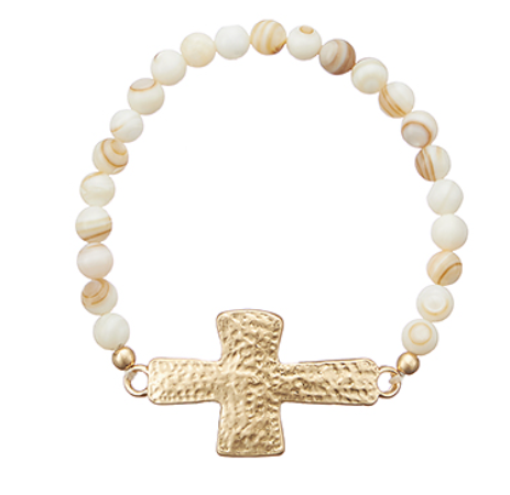 Textured Cross & Stone Beads Bracelet - Ivory/Gold