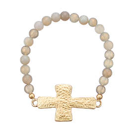 Textured Cross & Stone Beads Bracelet - Grey/Gold