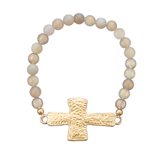 Textured Cross & Stone Beads Bracelet - Grey/Gold