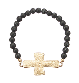 Textured Cross & Stone Beads Bracelet - Black/Gold