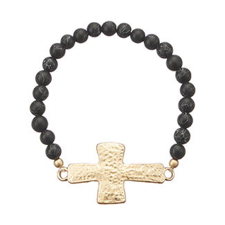 Textured Cross & Stone Beads Bracelet - Black/Gold
