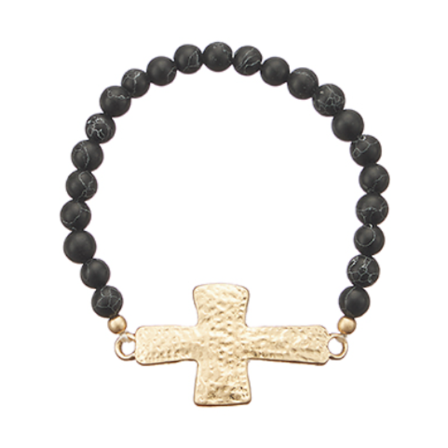 Textured Cross & Stone Beads Bracelet - Black/Gold
