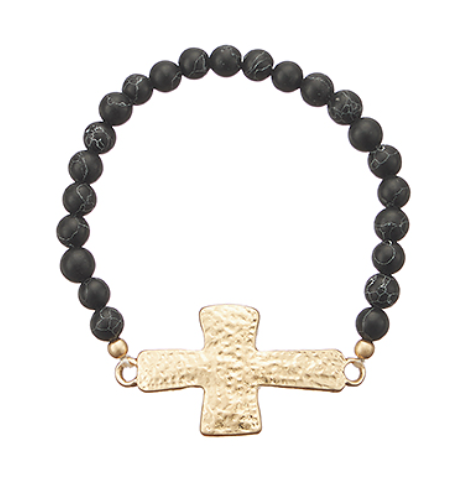 Textured Cross & Stone Beads Bracelet - Black/Gold