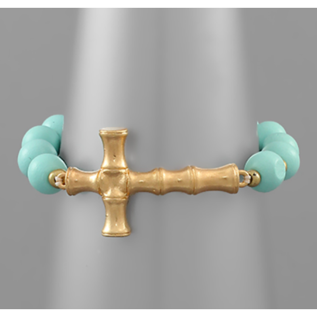Metal Bamboo Cross Wood Bracelet - Turquoise