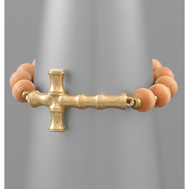 Metal Bamboo Cross Wood Bracelet - Peach
