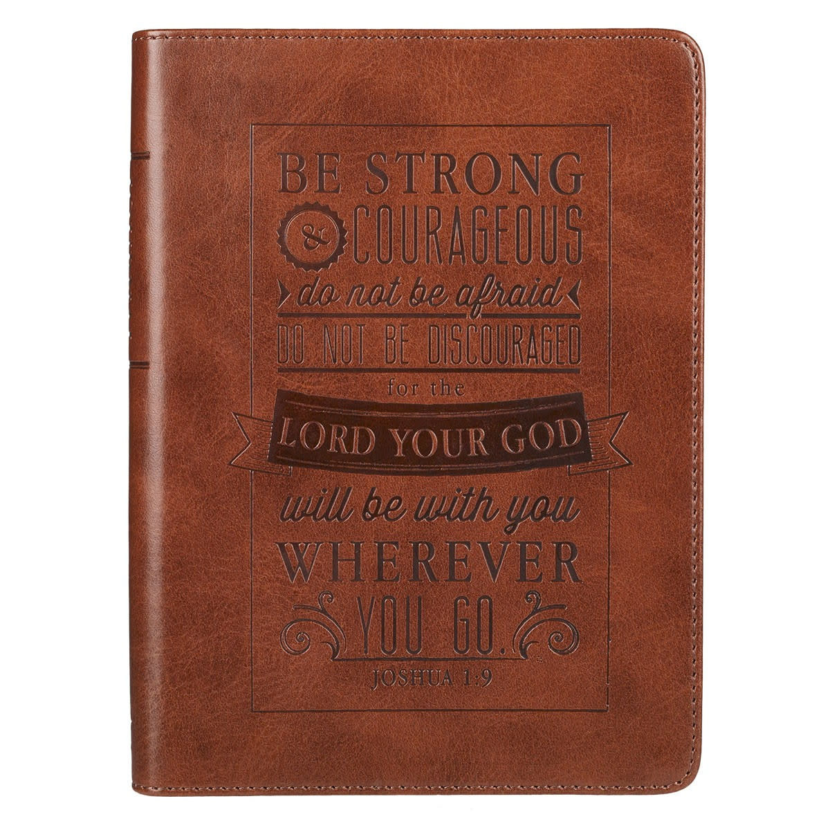 Be Strong and Courageous Saddle Tan Handy-sized Faux Leather Journal - Joshua 1:9