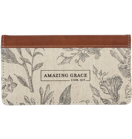 Amazing Grace Natural Canvas and Faux Leather Checkbook Wallet - 2 Corinthians 12:9