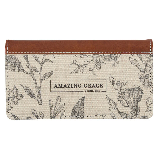 Amazing Grace Natural Canvas and Faux Leather Checkbook Wallet - 2 Corinthians 12:9