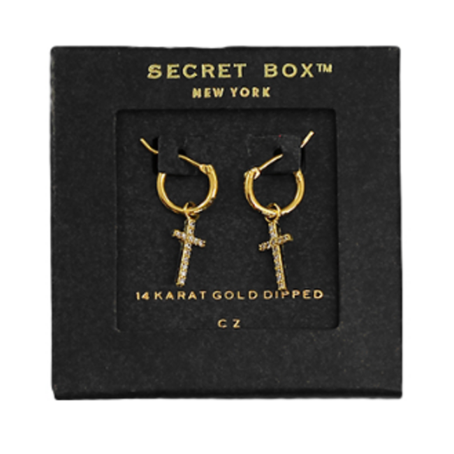 CZ Cross Dangle Hoops - Gold/Clear