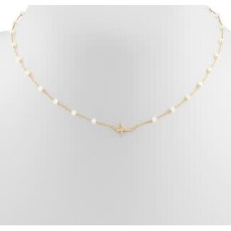 Cross Charm & Stone Beads Necklace - White Gold