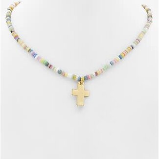 Cross Pendant & Glass Bead Choker - Multi