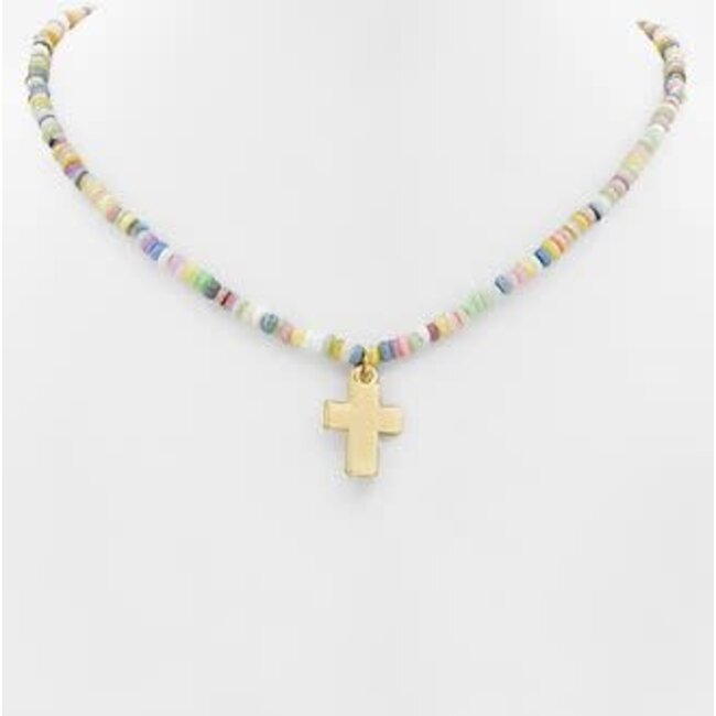 Cross Pendant & Glass Bead Choker - Multi