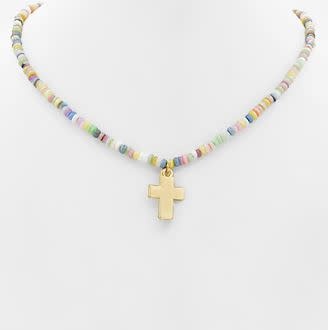Cross Pendant & Glass Bead Choker - Multi