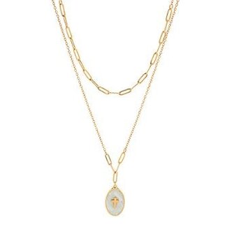 Layered Oval w/ Cross Pendant Stainless Steel Necklace