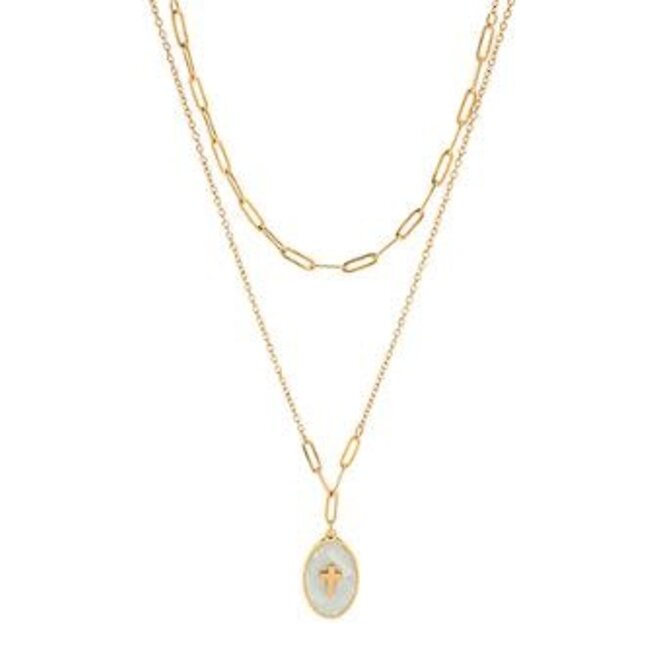 Layered Oval w/ Cross Pendant Stainless Steel Necklace