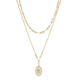 Layered Oval w/ Cross Pendant Stainless Steel Necklace