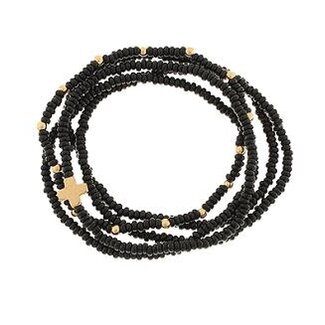 5 Row See Seed Bead Cross Charm Bracelet - Black