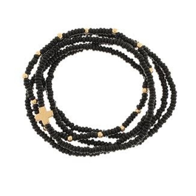 5 Row See Seed Bead Cross Charm Bracelet - Black