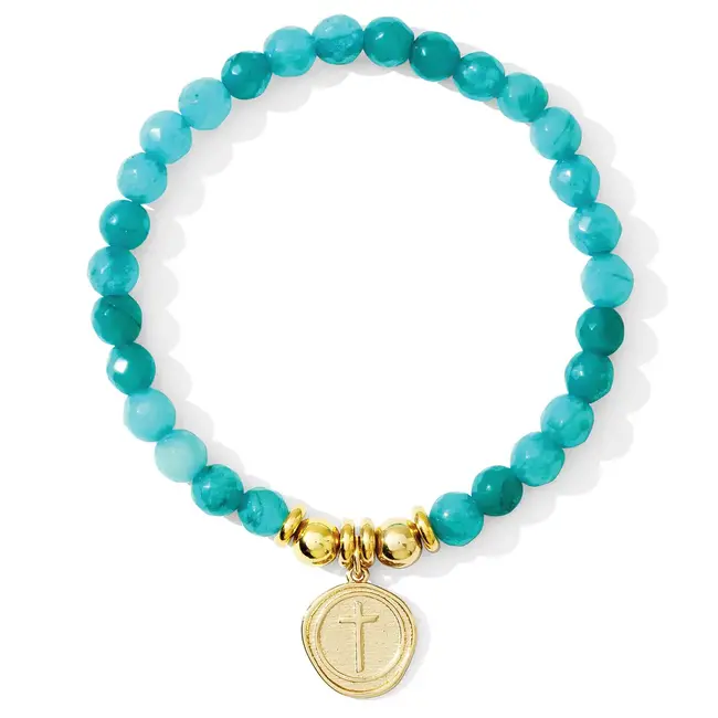 Stretch Stone Bracelet With Round Cross Charm, Seafoam