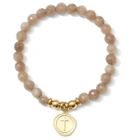 Stretch Stone Bracelet With Round Cross Charm, Cafe