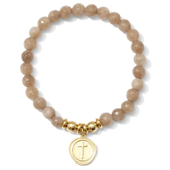 Stretch Stone Bracelet With Round Cross Charm, Cafe