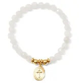 Stretch Stone Bracelet With Oval Cross Charm, White