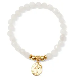 Stretch Stone Bracelet With Oval Cross Charm, White