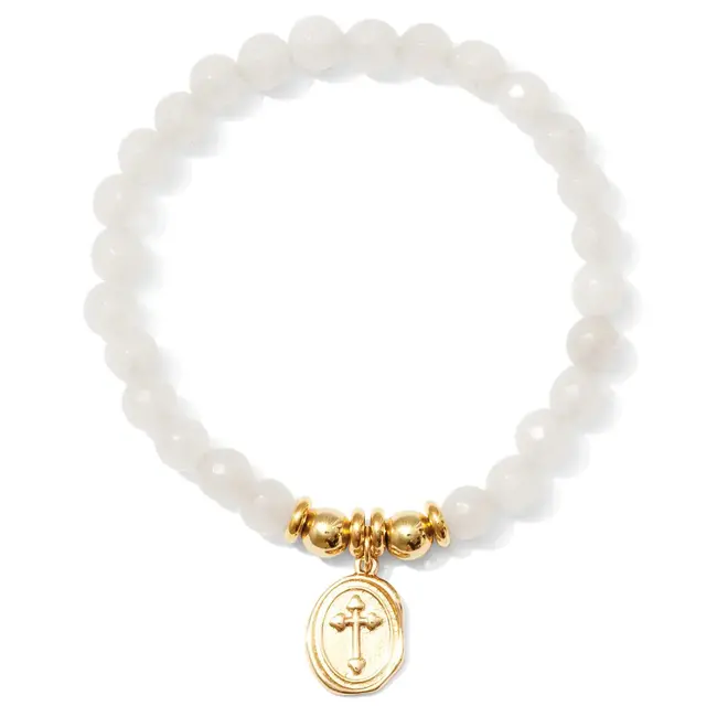 Stretch Stone Bracelet With Oval Cross Charm, White
