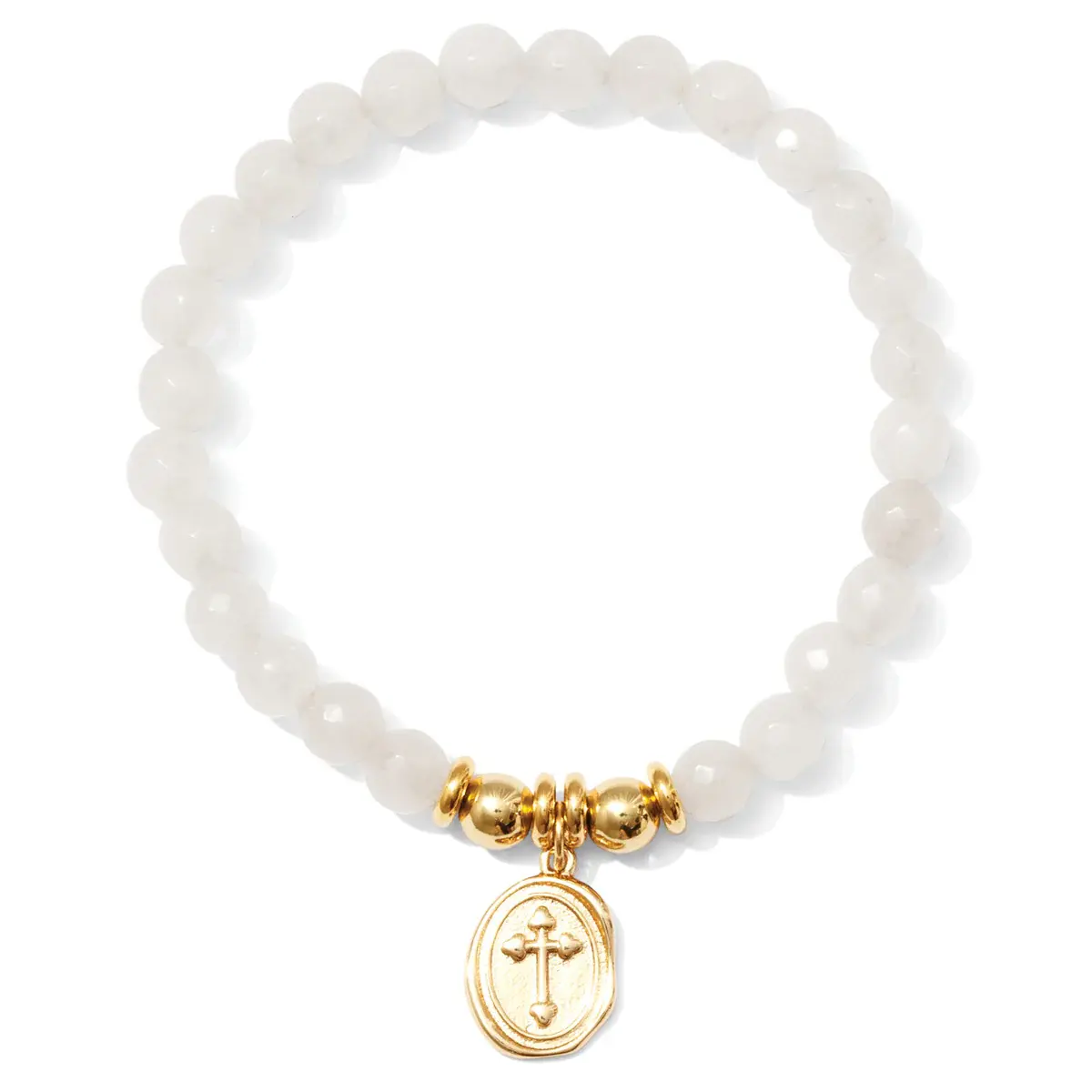 Stretch Stone Bracelet With Oval Cross Charm, White