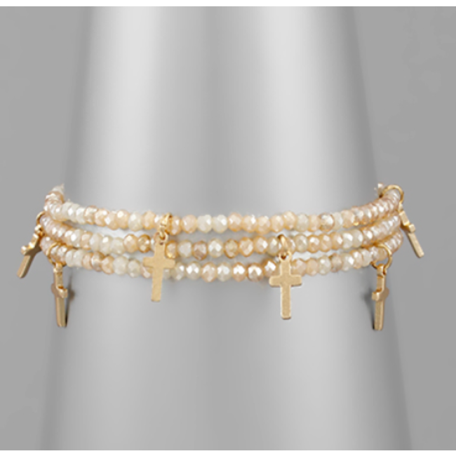 Cross Charm Bead Bracelet - Champagne