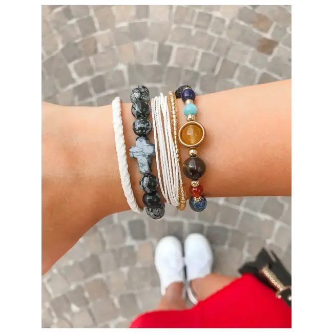 Obsidian Cross Beaded Bracelet in Natural Stone