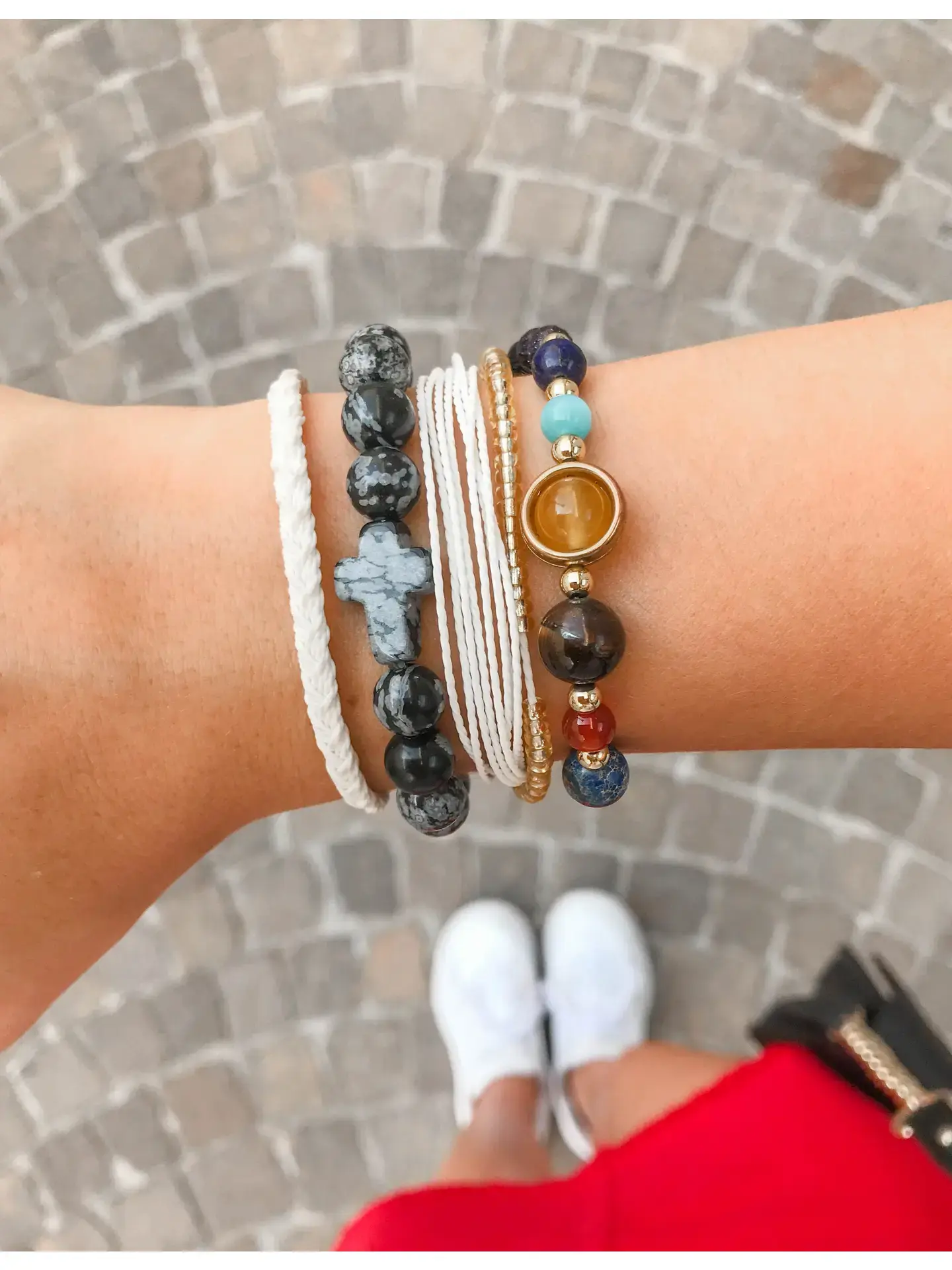 Obsidian Cross Beaded Bracelet in Natural Stone