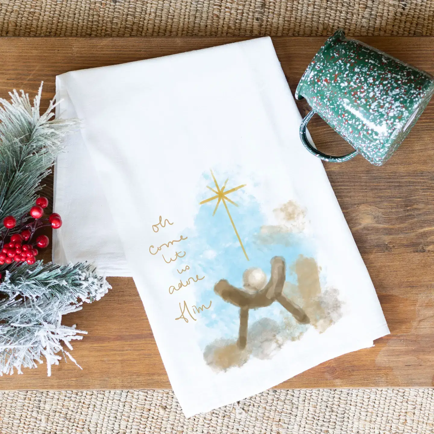 Let Us Adore Him Manger Tea Towel