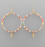 Cross Charm Bead Circle Earrings - Multi
