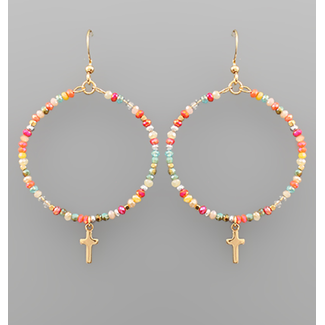 Cross Charm Bead Circle Earrings - Multi