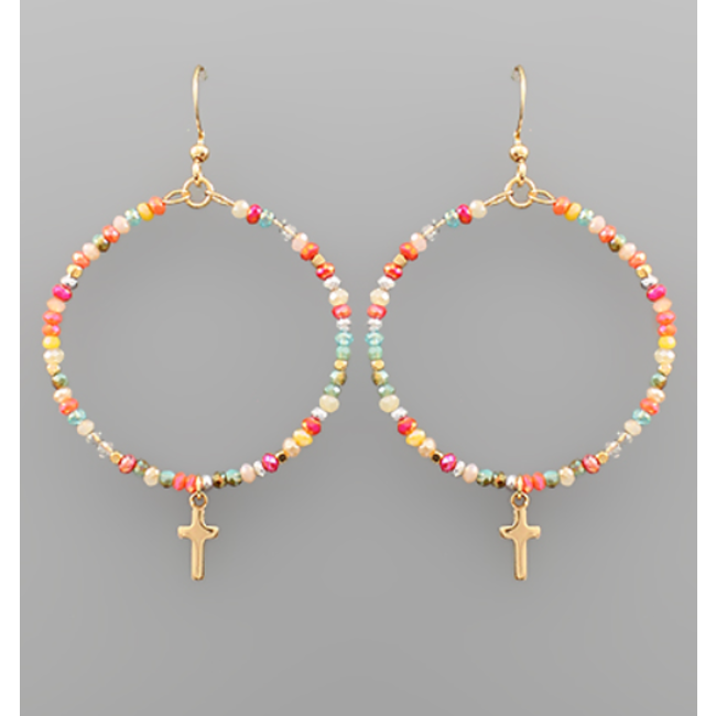 Cross Charm Bead Circle Earrings - Multi