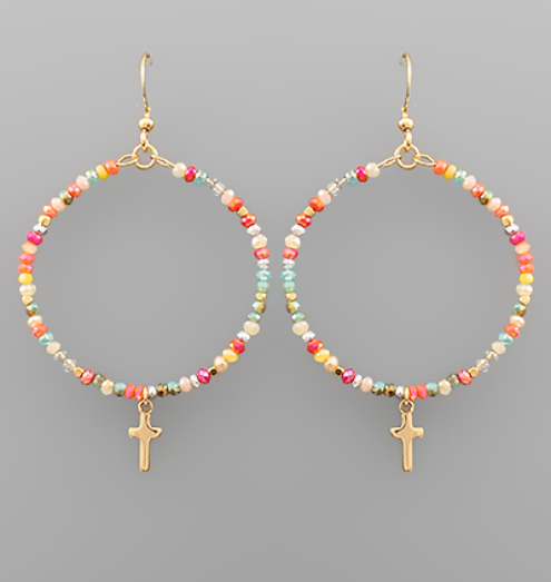 Cross Charm Bead Circle Earrings - Multi