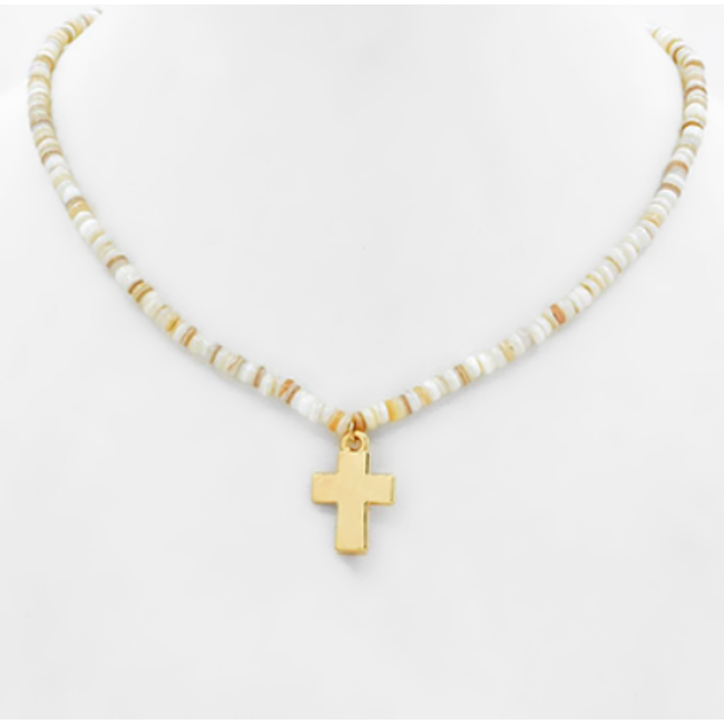 Cross Pendant & Glass Bead Choker - White