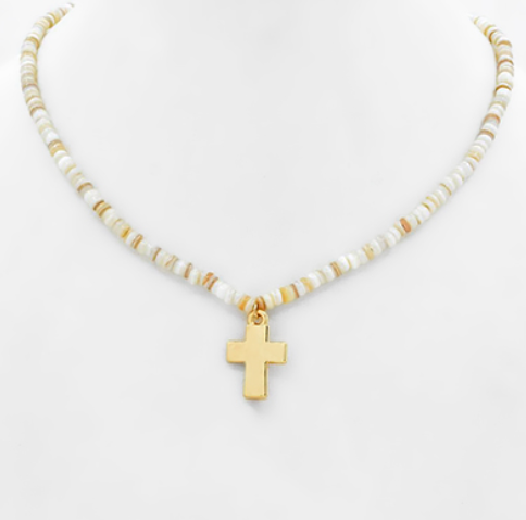 Cross Pendant & Glass Bead Choker - White