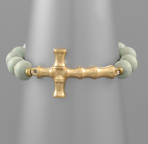 Metal Bamboo Cross Wood Bracelet - Grey/Gold