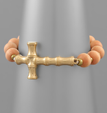 Metal Bamboo Cross Wood Bracelet - Peach/Gold