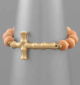 Metal Bamboo Cross Wood Bracelet - Peach/Gold